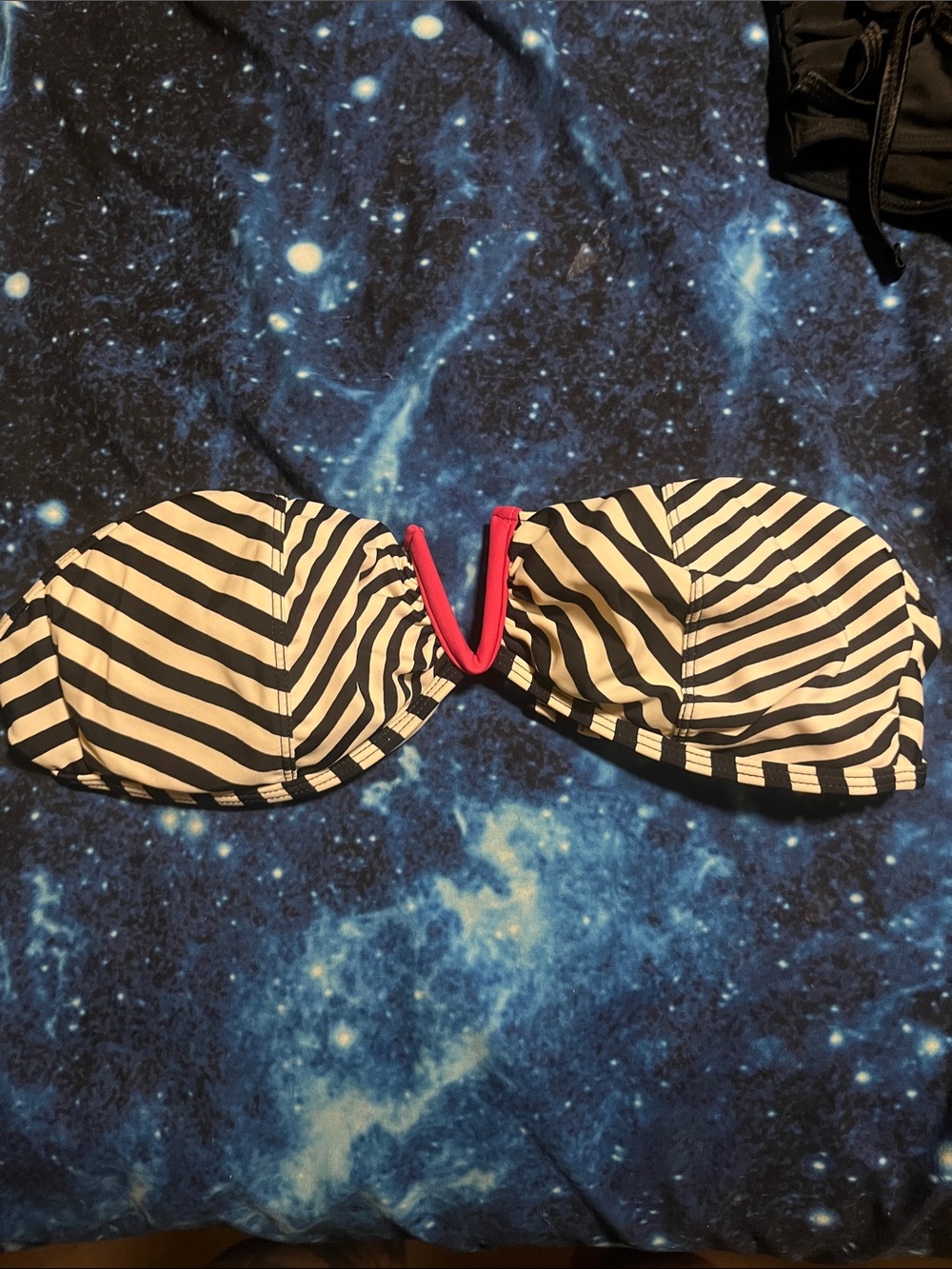 Striped Black & White Bandeau Swim Top with Pink Accent